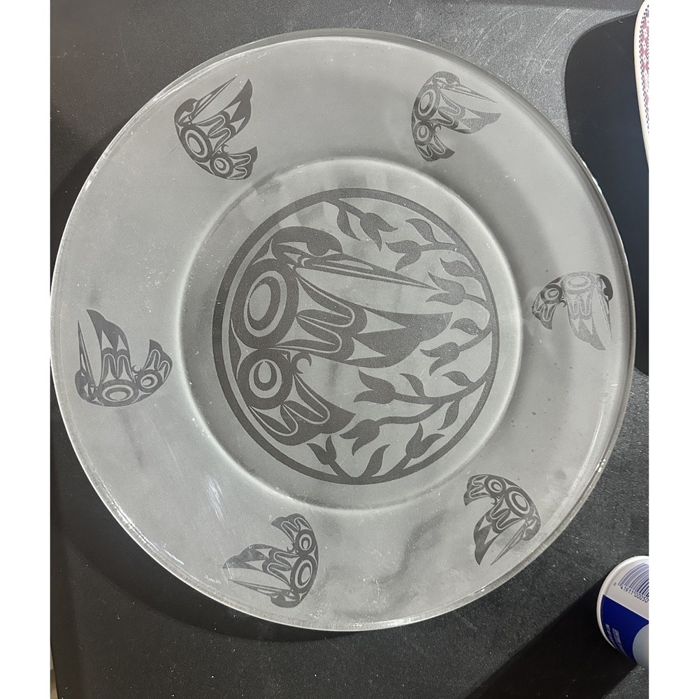 Pacific Northwest Coast Native American Etched Hummingbird Glass Platter 13"